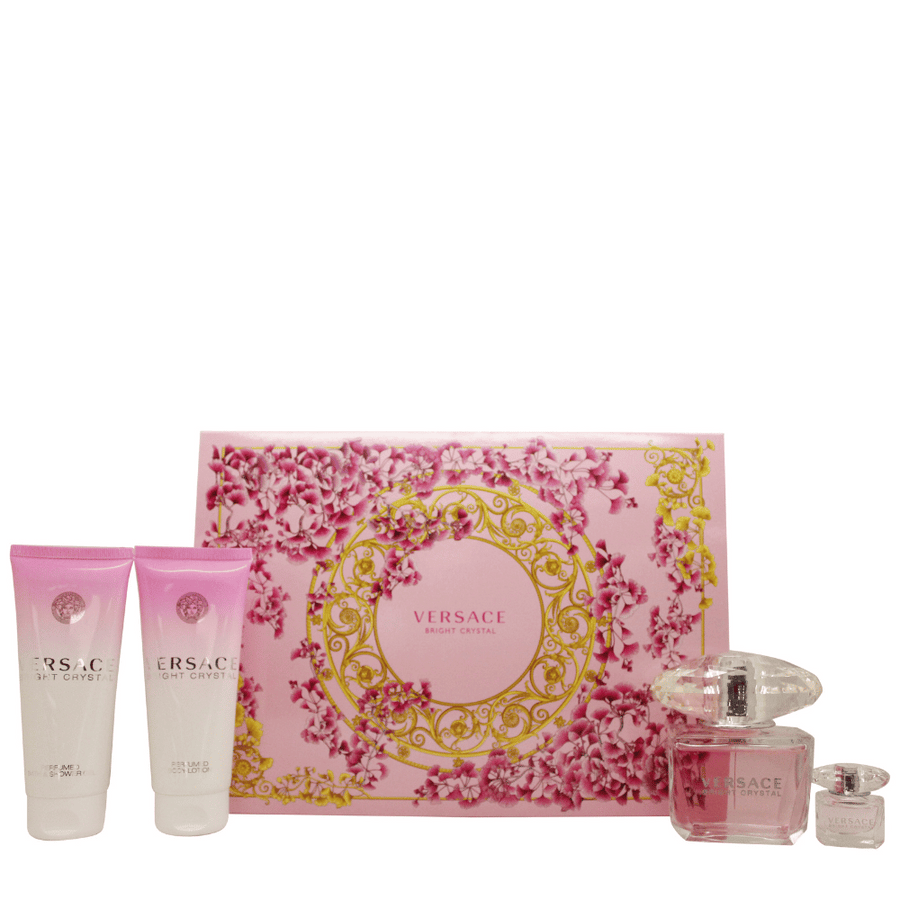 Ett presentset från Versace Bright Crystal med en rosa flaska parfym.